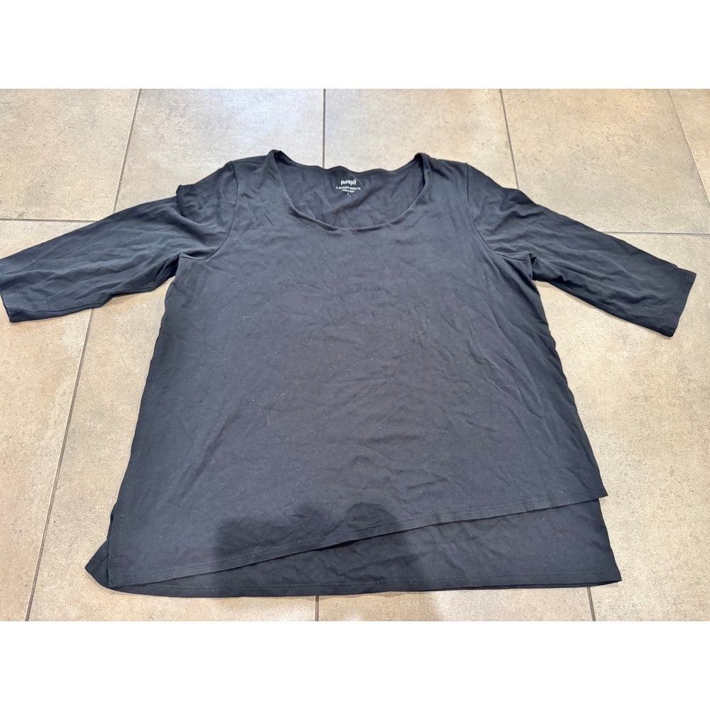 Pure Jill J. Jill Artistic Tee Black 3/4 Sleeve Layered Hem Scoop Neck Top L
